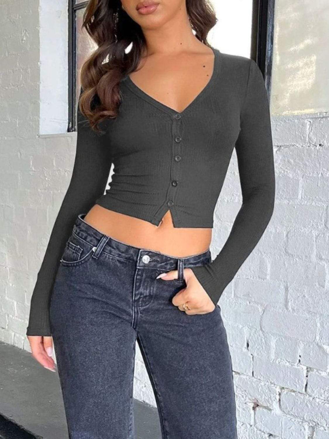 Buttoned V-Neck Long Sleeve T-Shirt - Trendsi - Flyclothing LLC