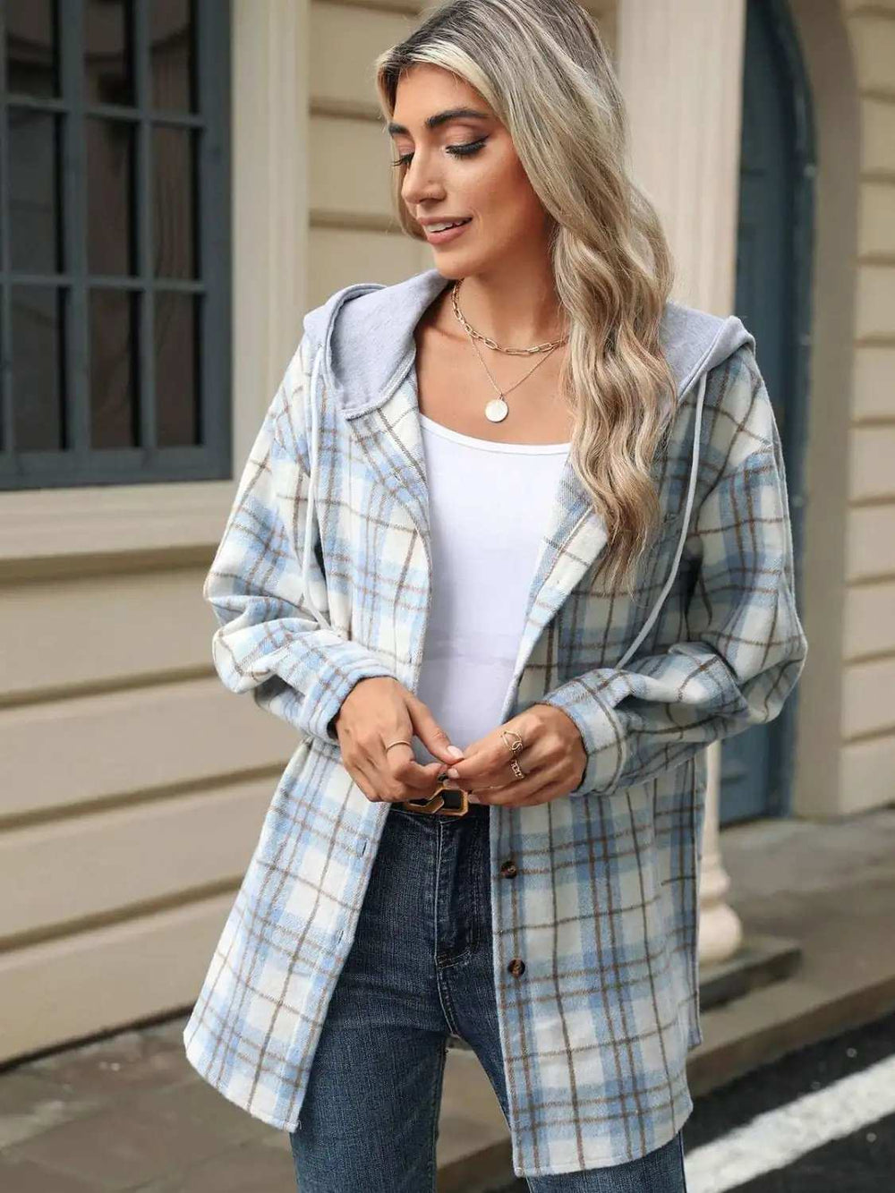 Drawstring Plaid Button Up Hooded Jacket - Trendsi - Flyclothing LLC