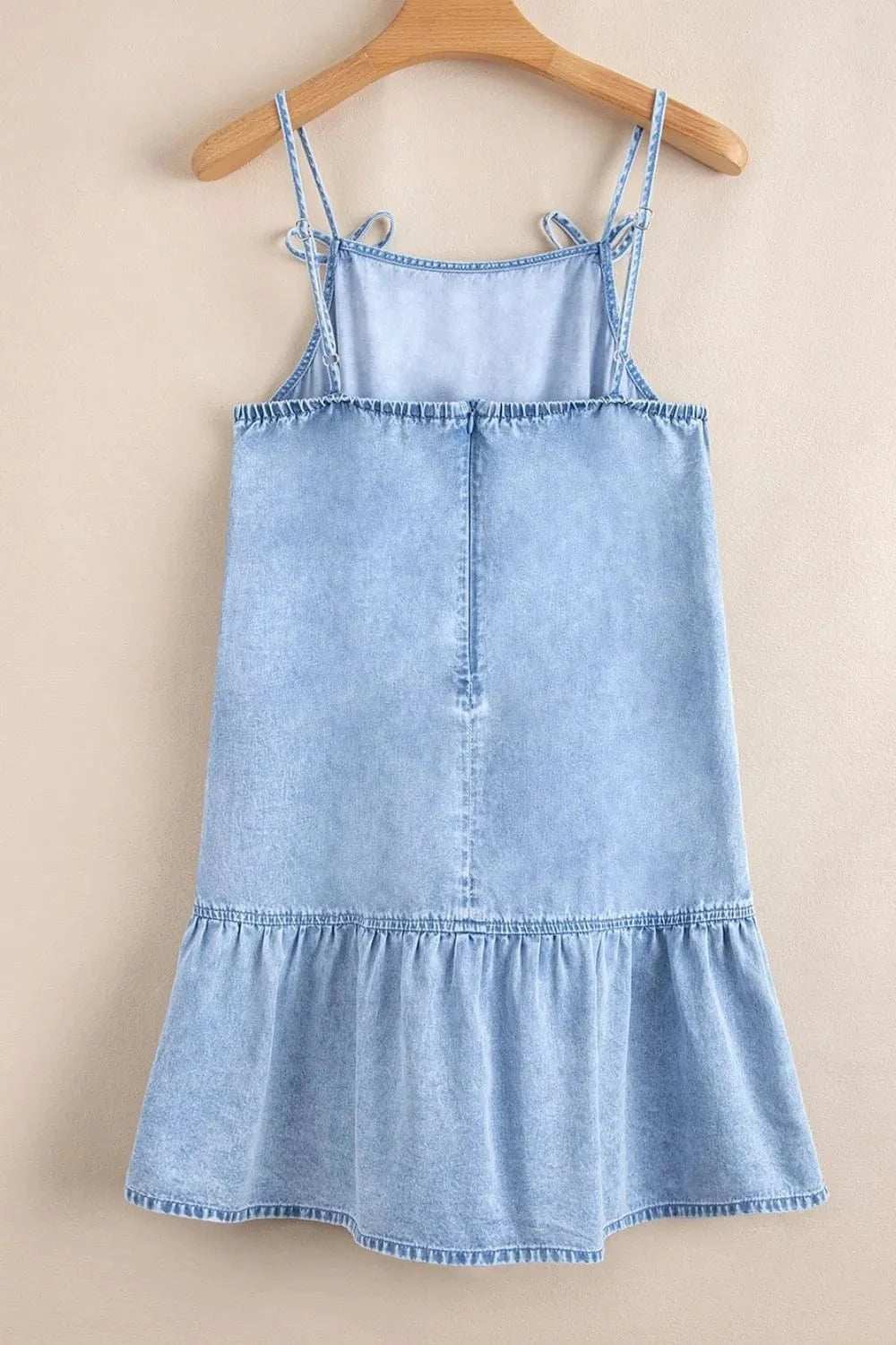 Bow Detail Spaghetti Straps Ruffle Hem Denim Dress - Trendsi - Flyclothing LLC