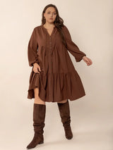 Plus Size Tie Neck Balloon Sleeve Tiered Dress - Trendsi - Flyclothing LLC
