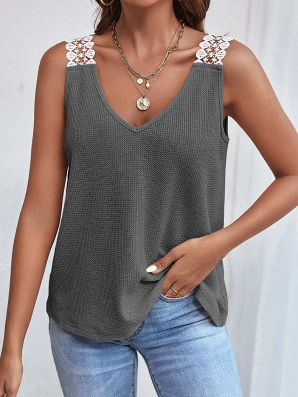 Lace Detail Waffle-Knit V-Neck Tank - Trendsi - Flyclothing LLC