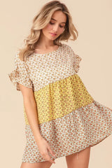 BiBi Flroal Printed Woven Color Block and Tiered Top - Trendsi - Flyclothing LLC
