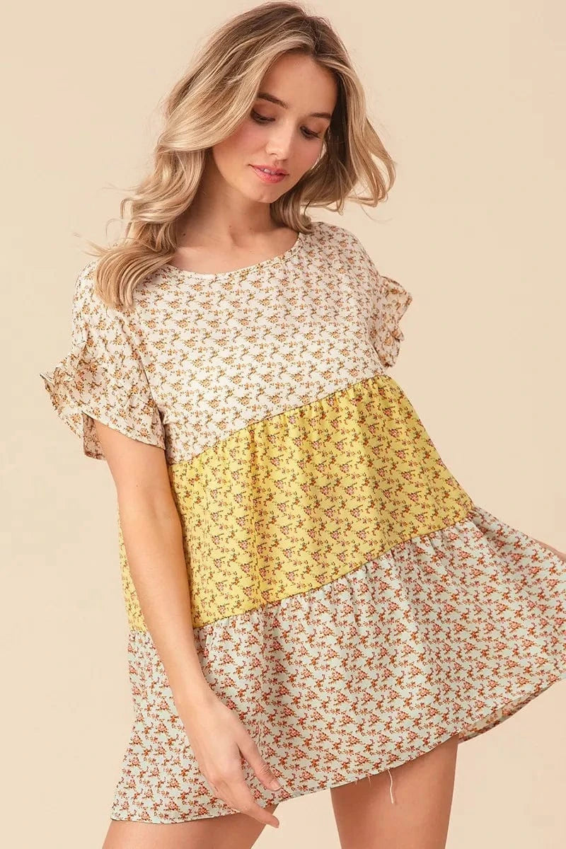 BiBi Flroal Printed Woven Color Block and Tiered Top - Trendsi