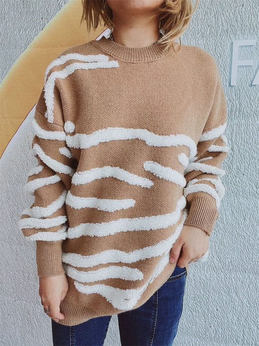 Contrast Round Neck Long Sleeve Sweater - Trendsi