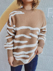 Contrast Round Neck Long Sleeve Sweater - Trendsi