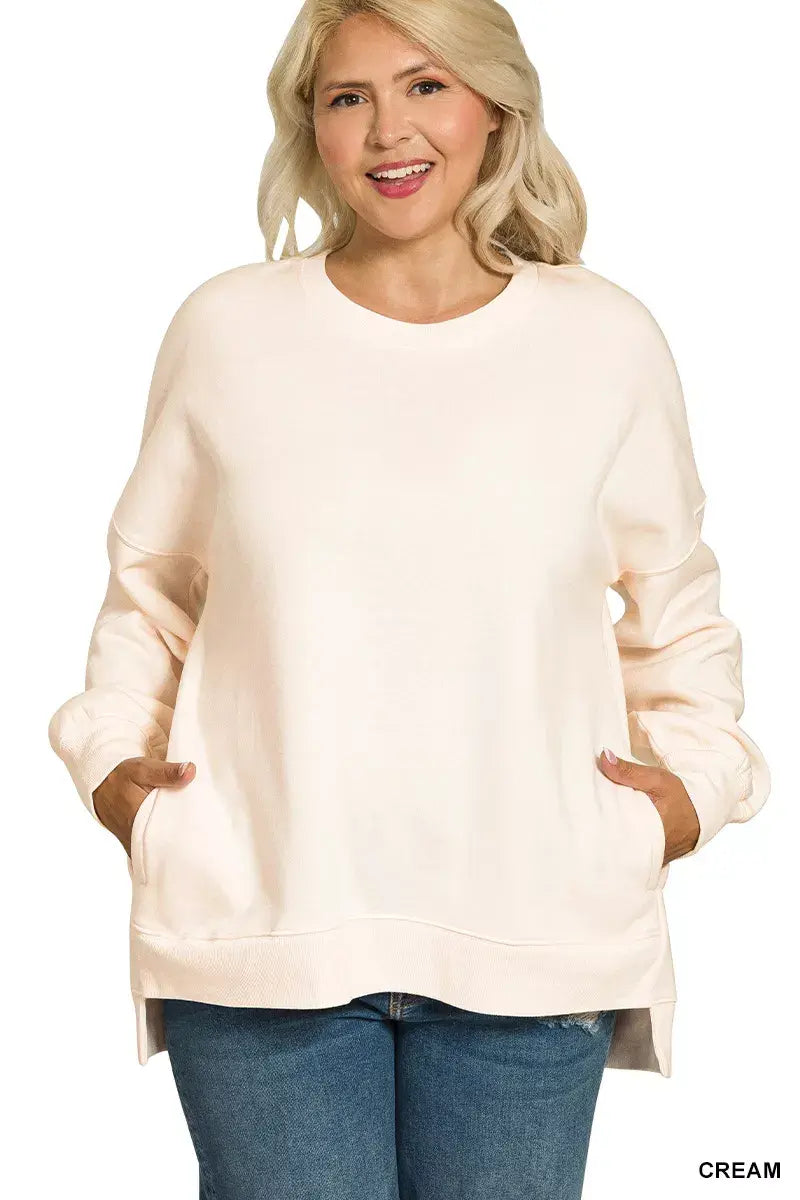 Zenana Full Size Fleece Hi-low Boyfriend Sweatshirts with Pockets Plus Size - Trendsi - Flyclothing LLC
