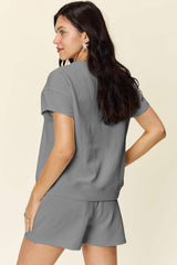 Double Take Full Size Texture Short Sleeve T-Shirt and Drawstring Shorts Set - Trendsi - Flyclothing LLC
