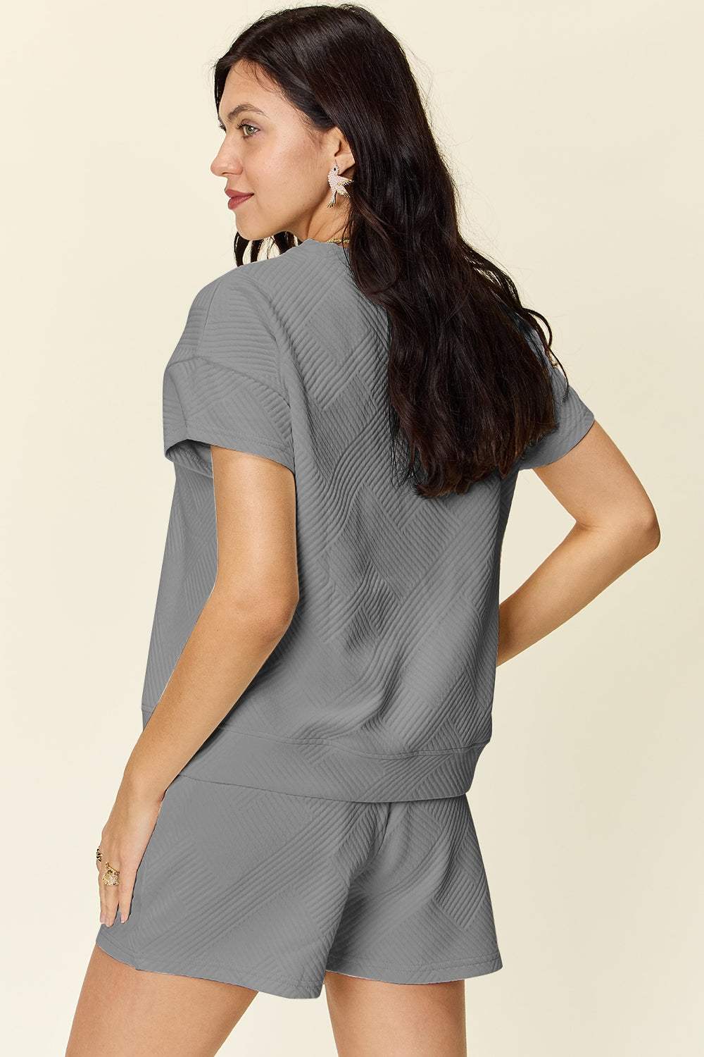 Double Take Full Size Texture Short Sleeve T-Shirt and Drawstring Shorts Set - Trendsi - Flyclothing LLC