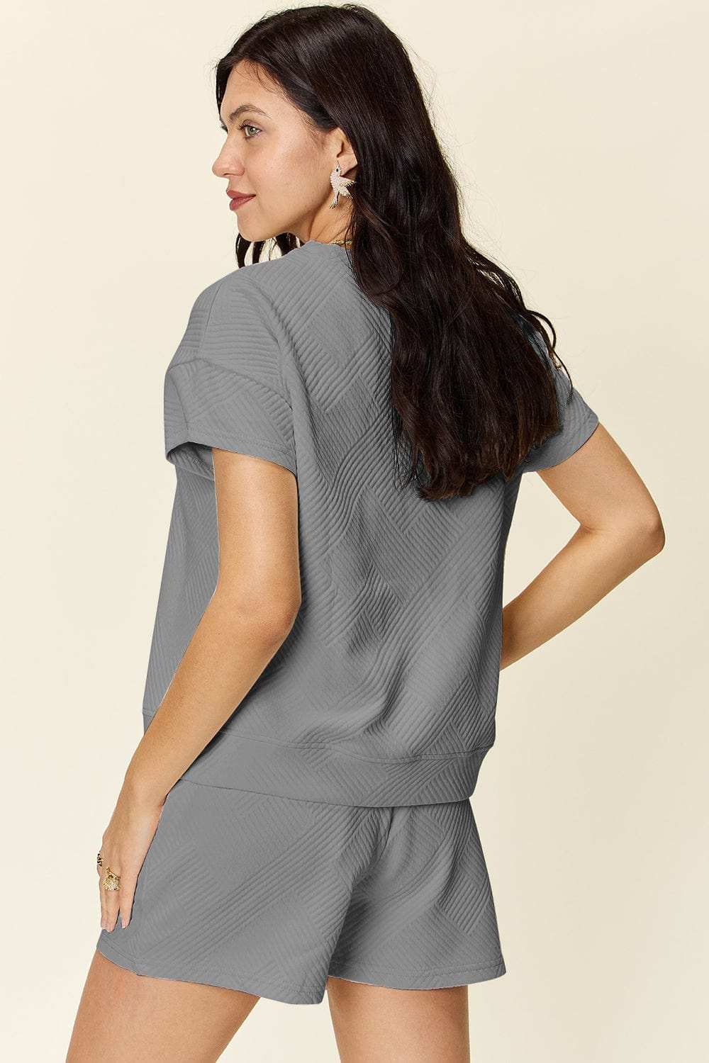 Double Take Full Size Texture Short Sleeve T-Shirt and Drawstring Shorts Set - Trendsi - Flyclothing LLC