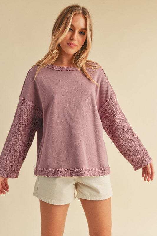 Aemi + Co Frayed Edge Round Neck Sweatshirt - Trendsi - Flyclothing LLC