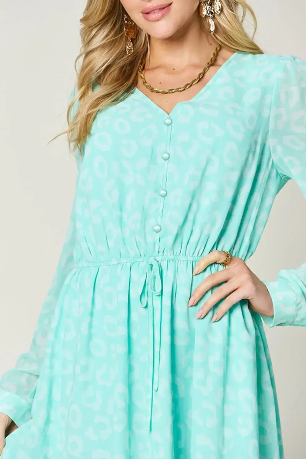 Double Take Full Size Printed Ruched V-Neck Long Sleeve Dress - Trendsi - Flyclothing LLC