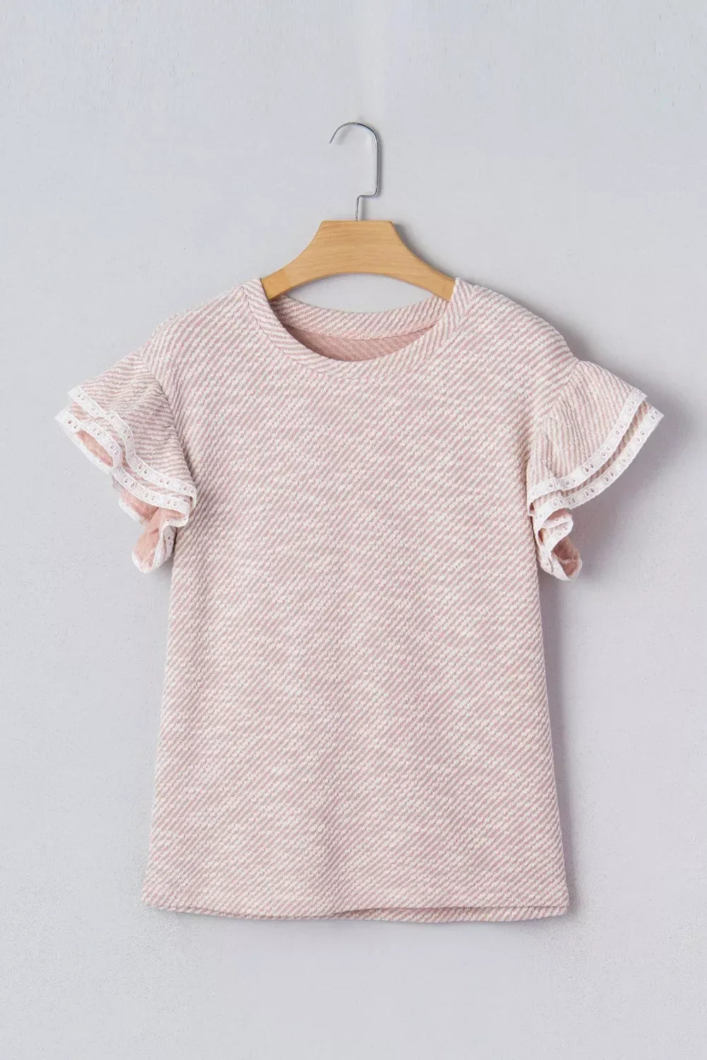 Twilled Print Lace Trim Ruffled Short Sleeve Blouse - Trendsi - Flyclothing LLC