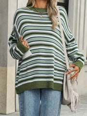 Striped Mock Neck Long Sleeve Sweater - Trendsi