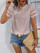 Full Size Eyelet Round Neck Short Sleeve Top - Trendsi - Flyclothing LLC