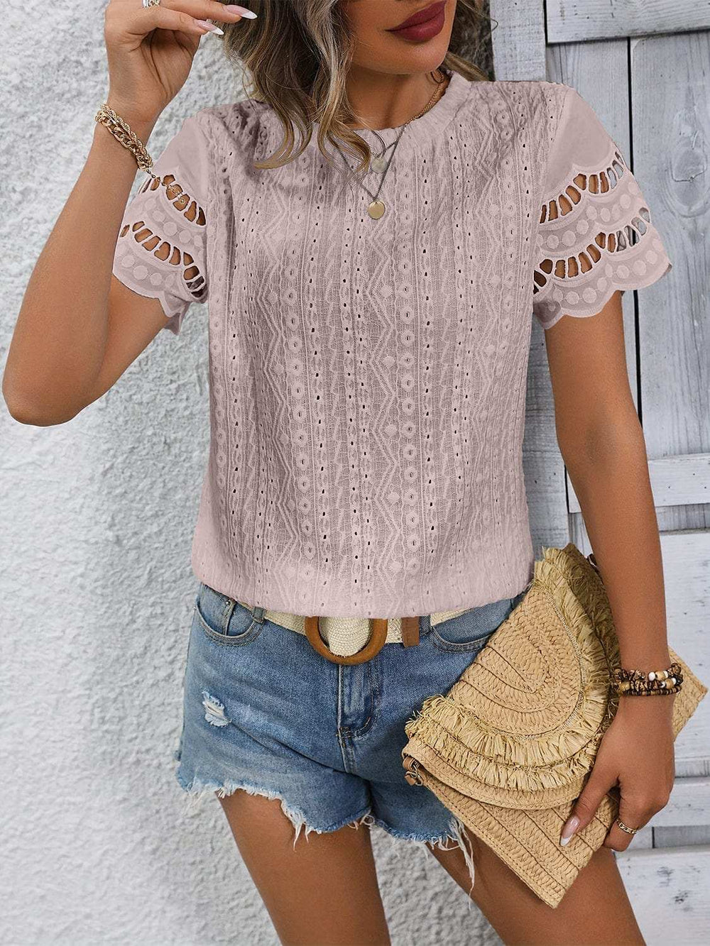 Full Size Eyelet Round Neck Short Sleeve Top - Trendsi - Flyclothing LLC