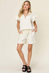 Double Take Full Size Texture Flounce Sleeve Top and Drawstring Shorts Set - Trendsi - Flyclothing LLC