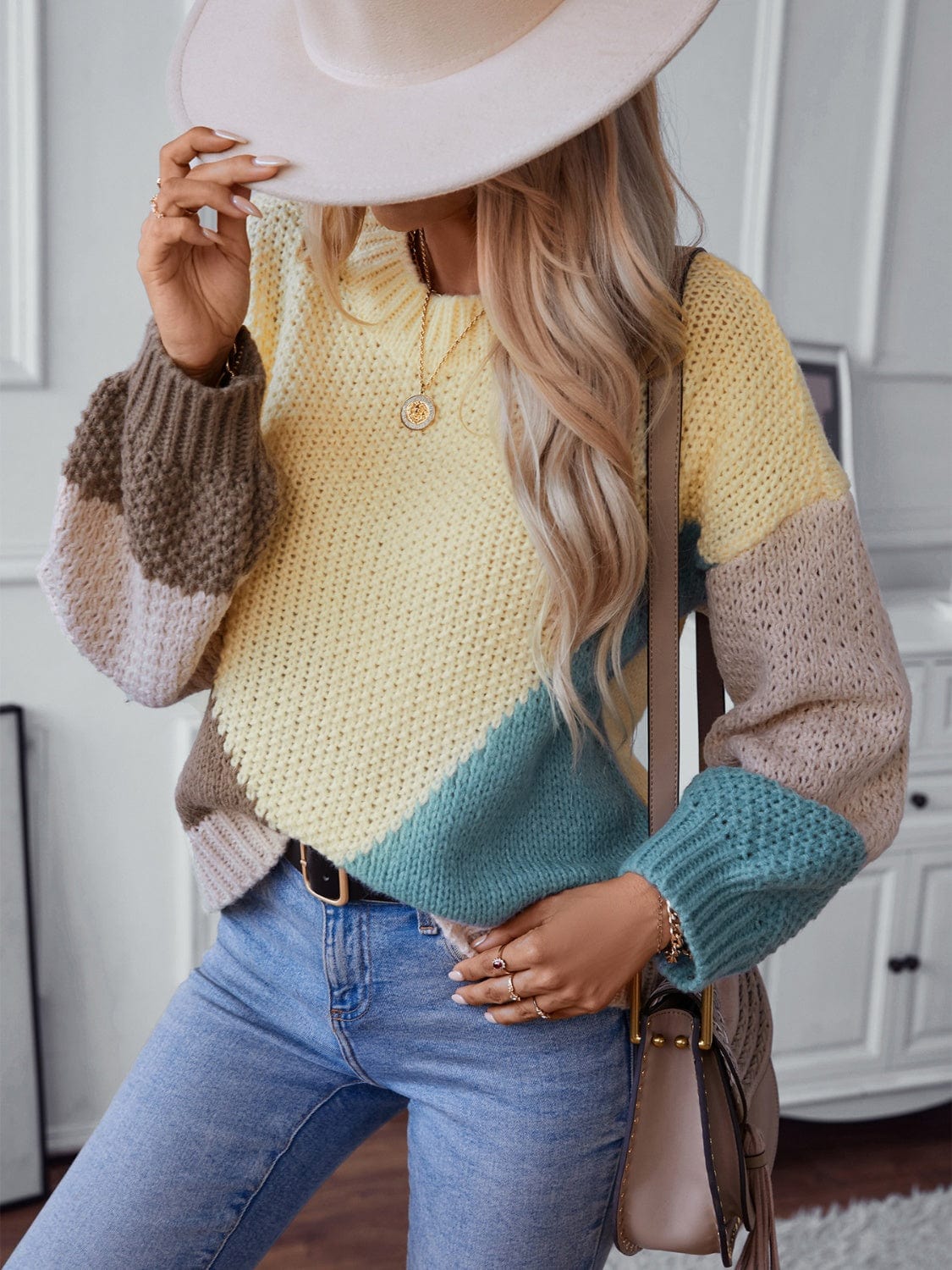 Color Block Round Neck Dropped Shoulder Sweater - Trendsi