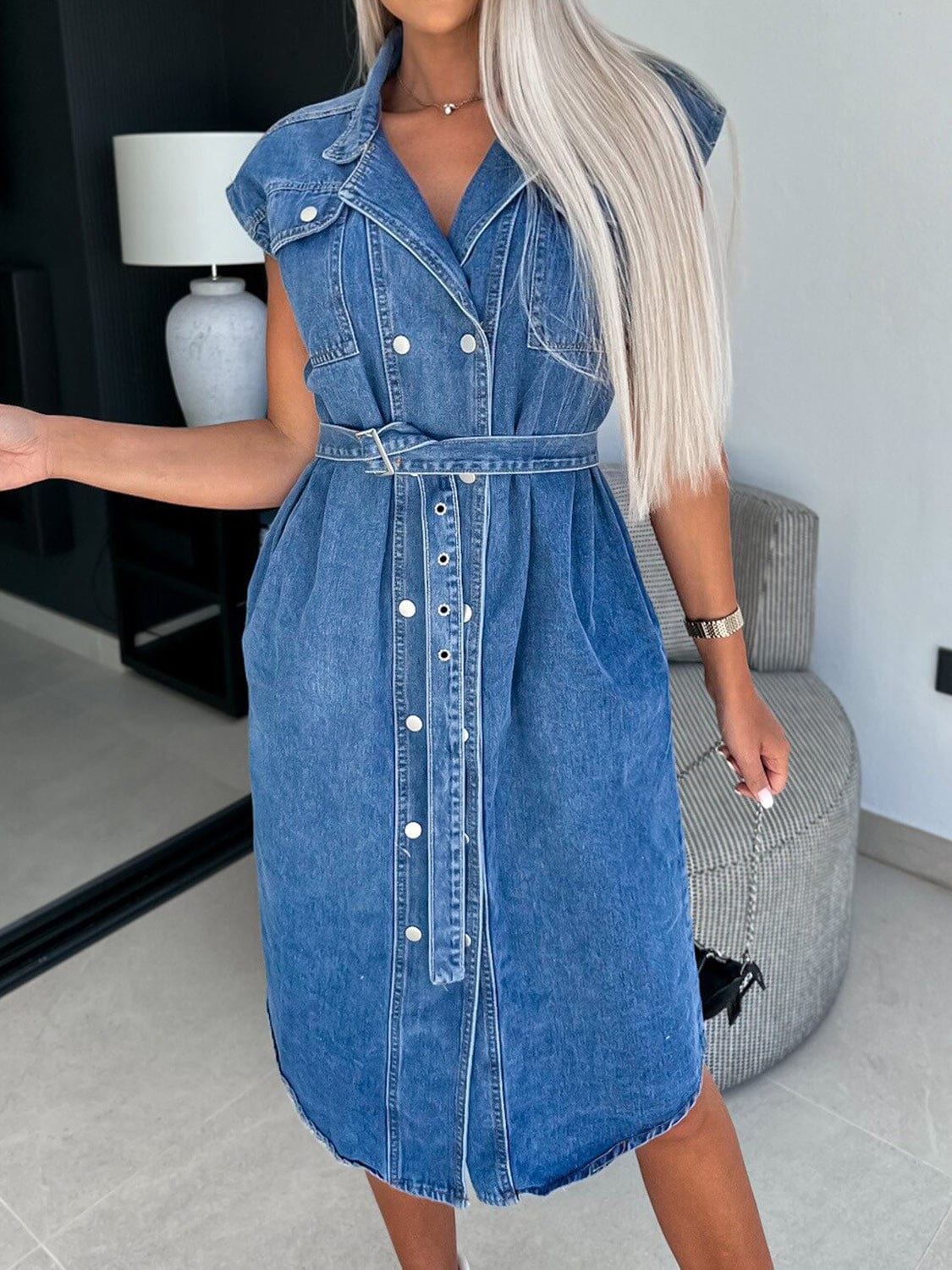 Collared Neck Cap Sleeve Denim Dress - Trendsi