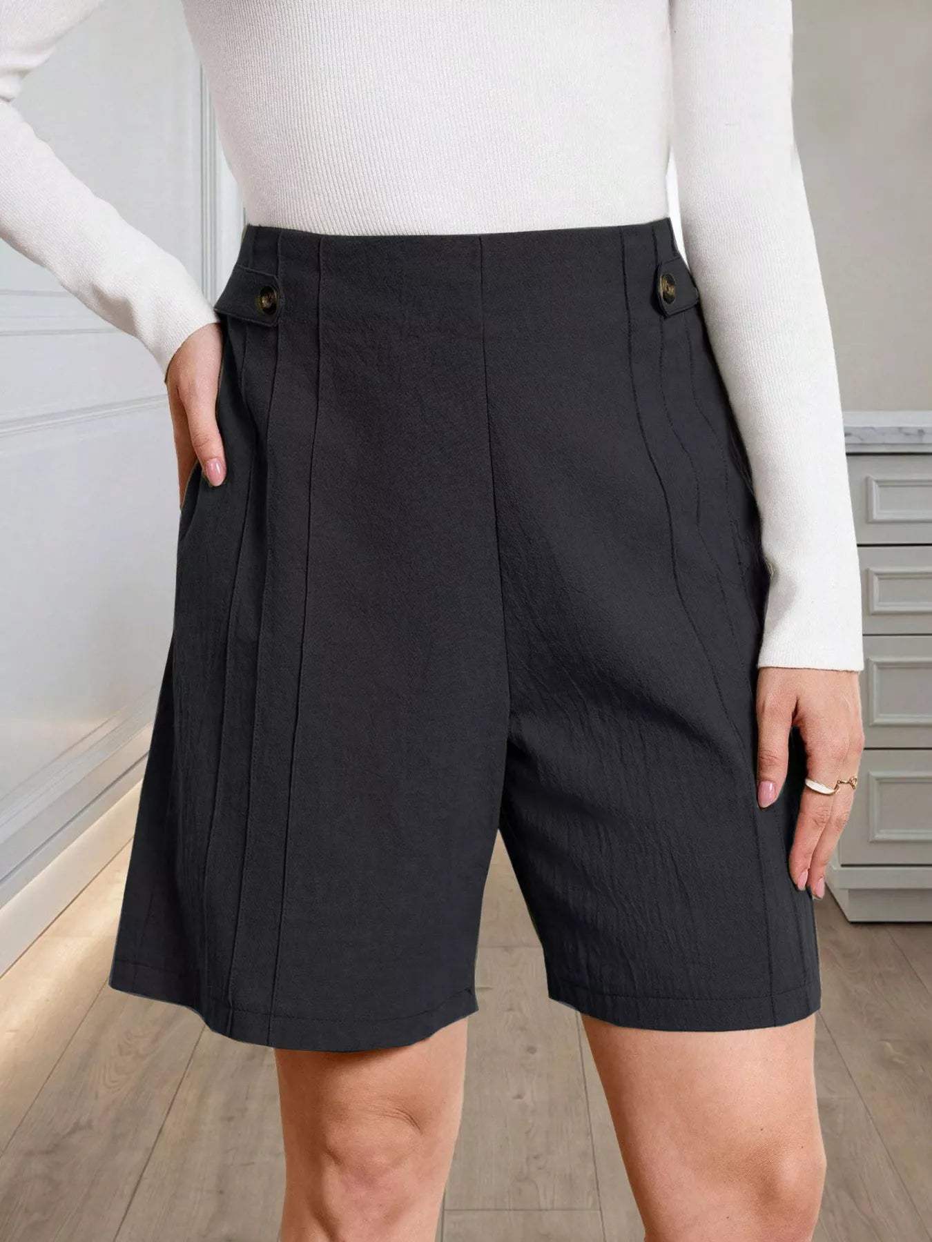 High-Waisted Pleated Shorts with Button Detail - Trendsi - Flyclothing LLC