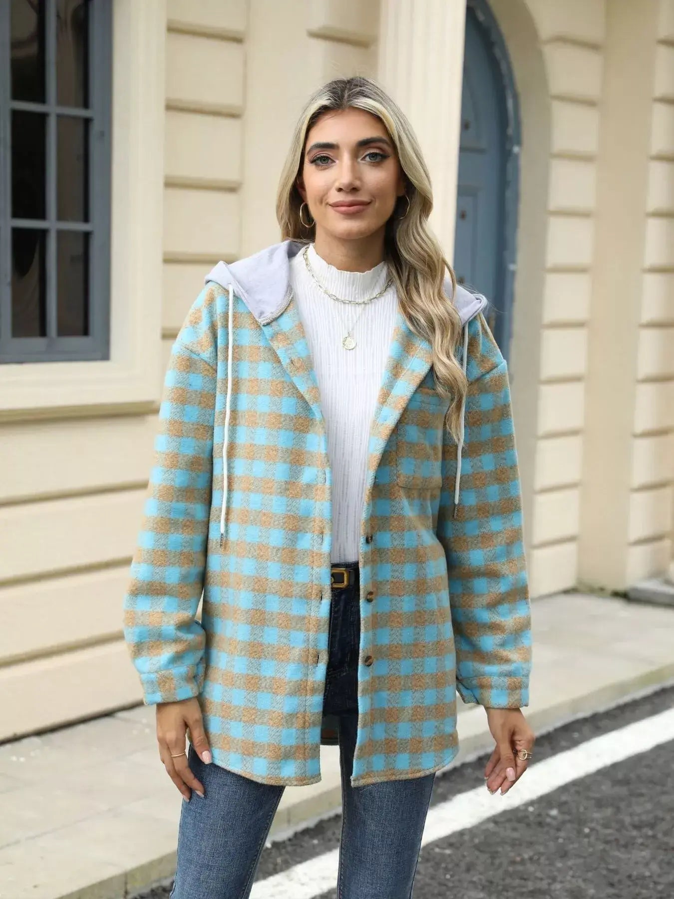 Plaid Button Up Long Sleeve Drawstring Hooded Jacket - Trendsi - Flyclothing LLC