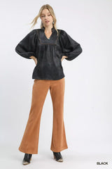 Umgee Crinkle Brocade Long Sleeve Blouse - Trendsi - Flyclothing LLC