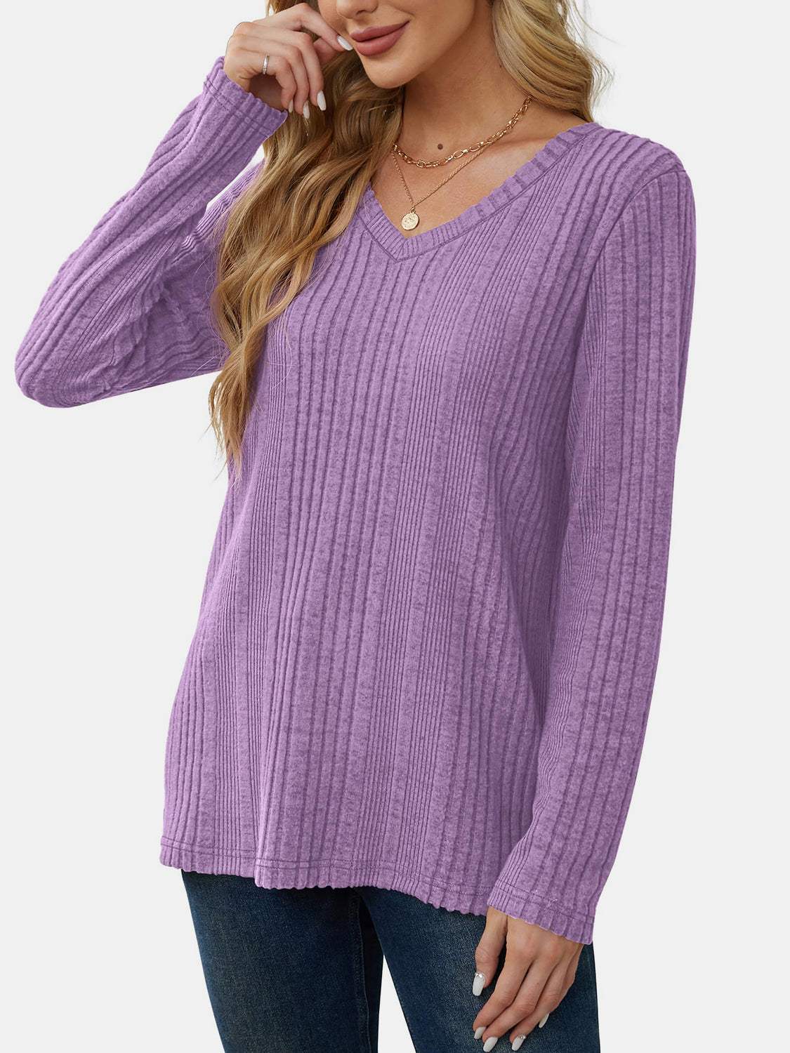 V-Neck Long Sleeve T-Shirt - Trendsi - Flyclothing LLC