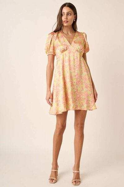 Mittoshop Printed V-Neck Puff Sleeve Mini Dress - Trendsi - Flyclothing LLC