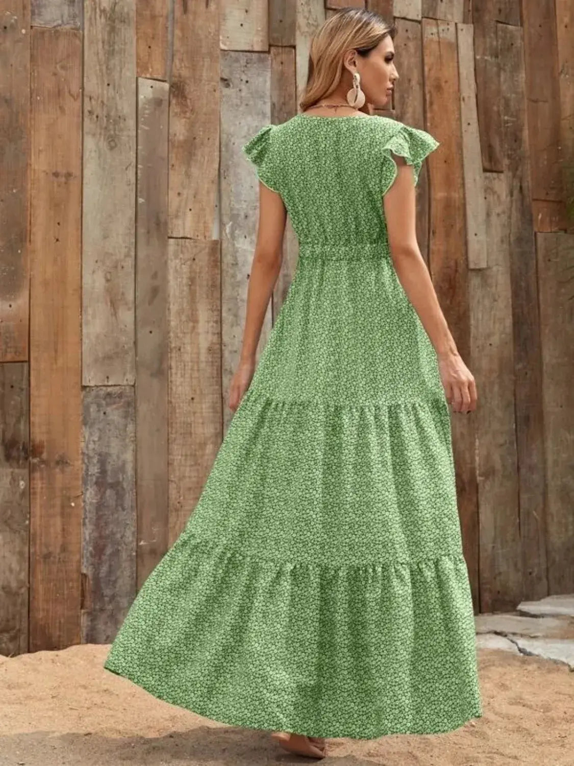 Printed V-Neck Ruffled Cap Sleeve Maxi Dress - Trendsi - Flyclothing LLC