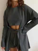 Waffle-Knit Round Neck T-Shirt, Open Front Cardigan and Shorts Set - Trendsi - Flyclothing LLC