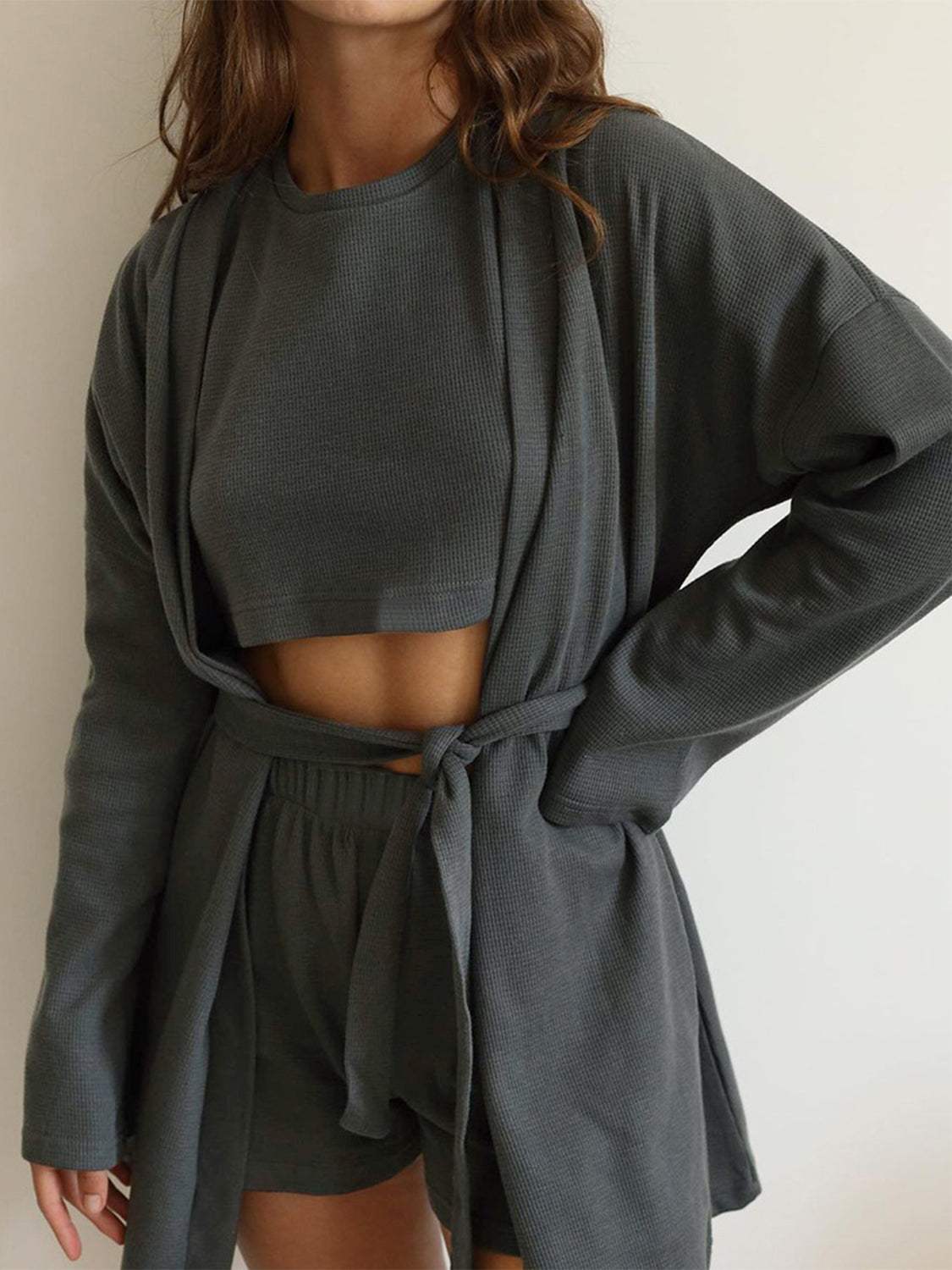 Waffle-Knit Round Neck T-Shirt, Open Front Cardigan and Shorts Set - Trendsi - Flyclothing LLC
