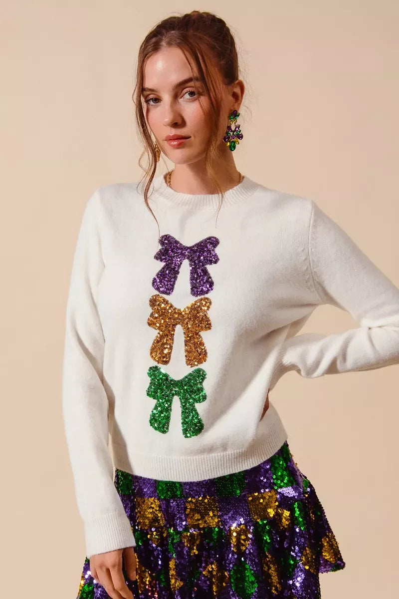 SO ME Mardi Gras Sequins Bow Ribbon Embellished Sweater - Trendsi - Flyclothing LLC
