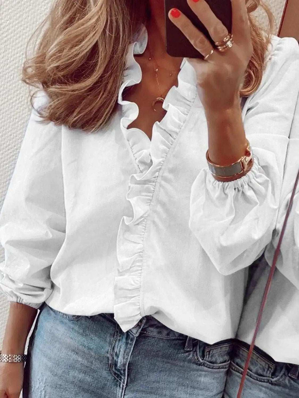Full Size Ruffled V-Neck Long Sleeve Blouse - Trendsi - Flyclothing LLC