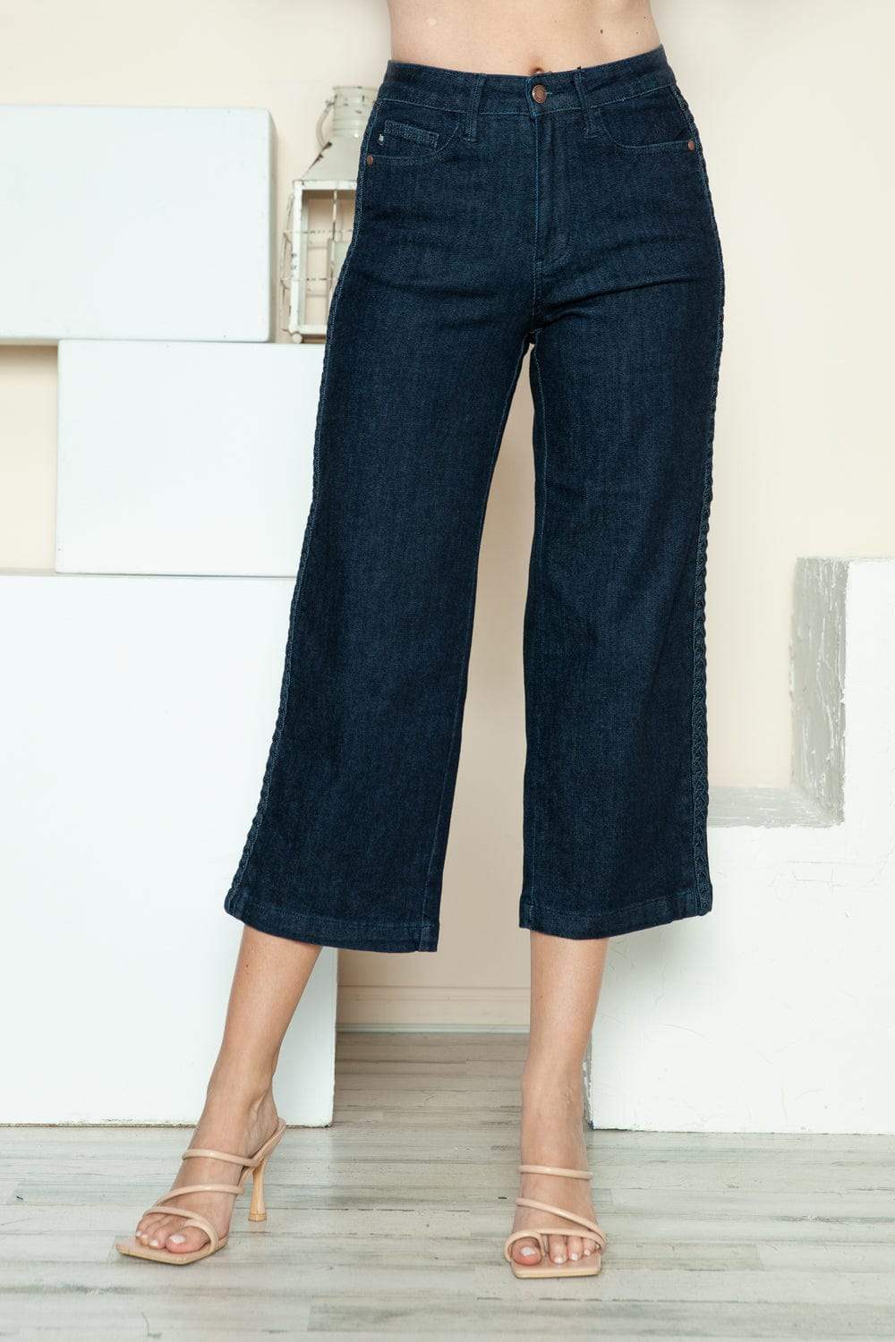 Judy Blue Full Size Side Seam Braid Detail Crop Wide Leg Jeans - Trendsi - Flyclothing LLC