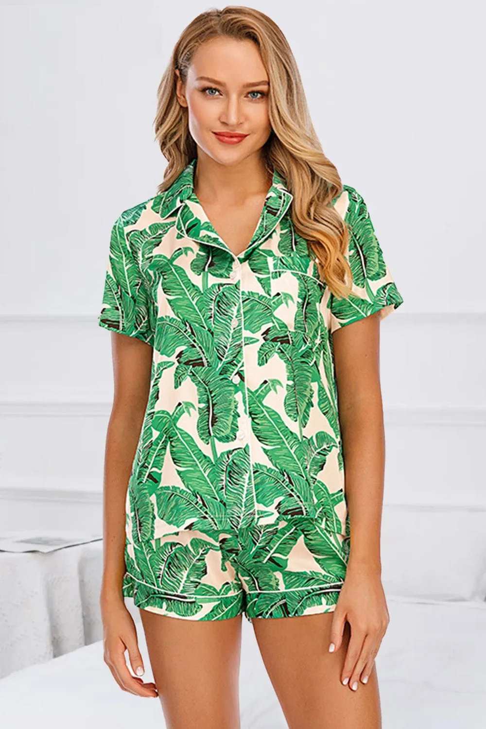 Printed Button Up Short Sleeve Top and Shorts Lounge Set - Trendsi - Flyclothing LLC