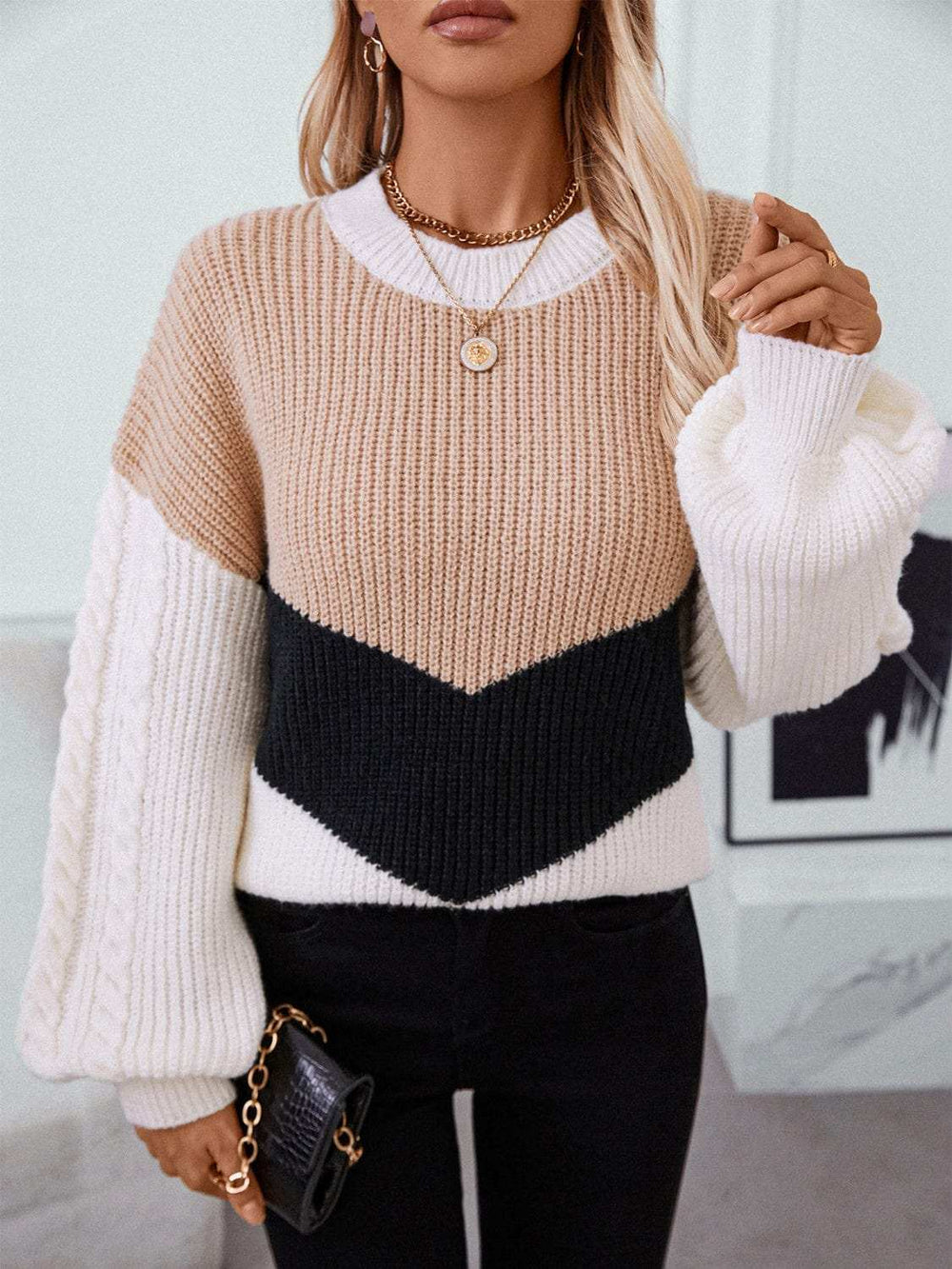 Contrast Round Neck Long Sleeve Sweater - Trendsi - Flyclothing LLC