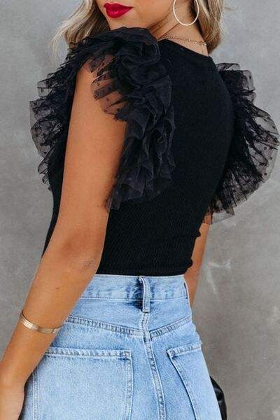 Ruffled Round Neck Cap Sleeve Blouse - Trendsi - Flyclothing LLC