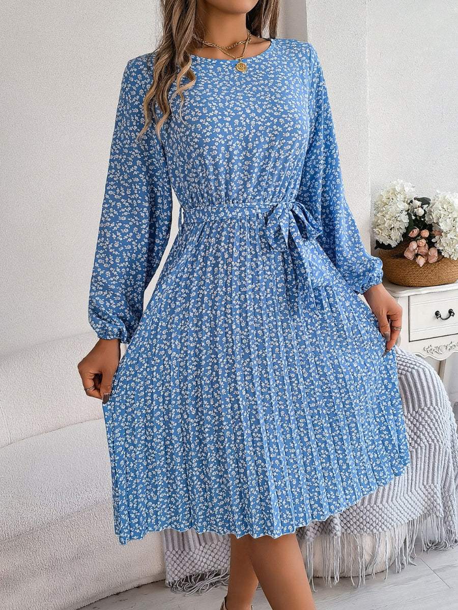 Ditsy Floral Tie Waist Pleated Dress - Trendsi - Flyclothing LLC
