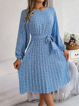 Ditsy Floral Tie Waist Pleated Dress - Trendsi - Flyclothing LLC