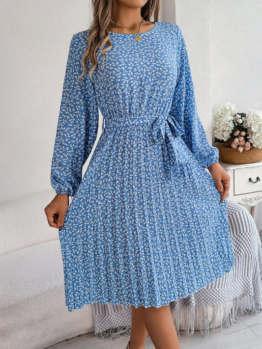 Ditsy Floral Tie Waist Pleated Dress - Trendsi