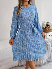 Ditsy Floral Tie Waist Pleated Dress - Trendsi