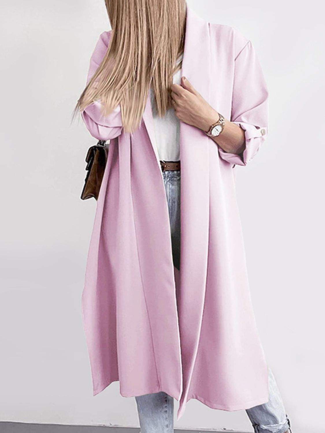 Slit Open Front Roll-Tab Sleeve Trench Coat - Trendsi - Flyclothing LLC