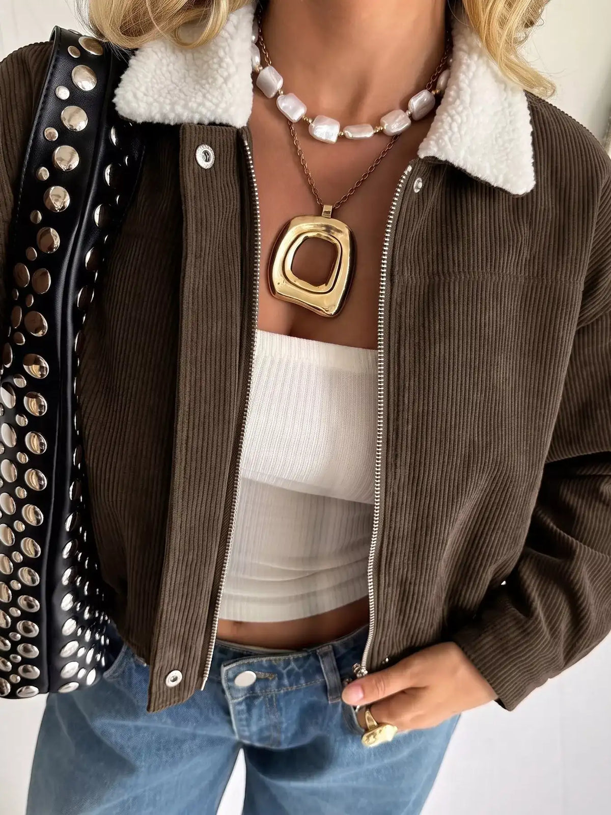 Contrast Sherpa Collar Corduroy Zip Up Jacket - Trendsi - Flyclothing LLC
