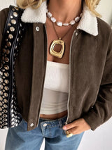 Contrast Sherpa Collar Corduroy Zip Up Jacket - Trendsi - Flyclothing LLC