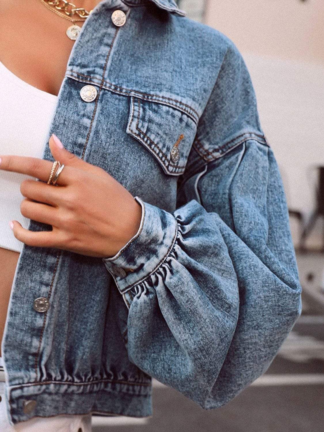 Collared Neck Dropped Shoulder Denim Top - Trendsi - Flyclothing LLC