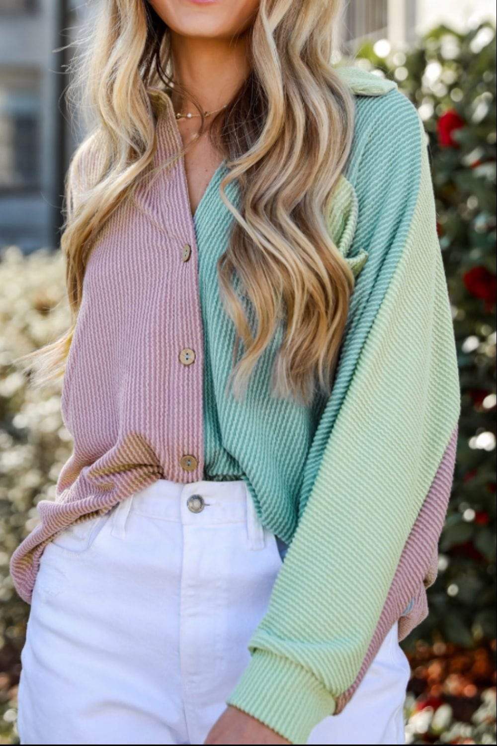 Color Block Corded Button Up Shacket - Trendsi - Flyclothing LLC