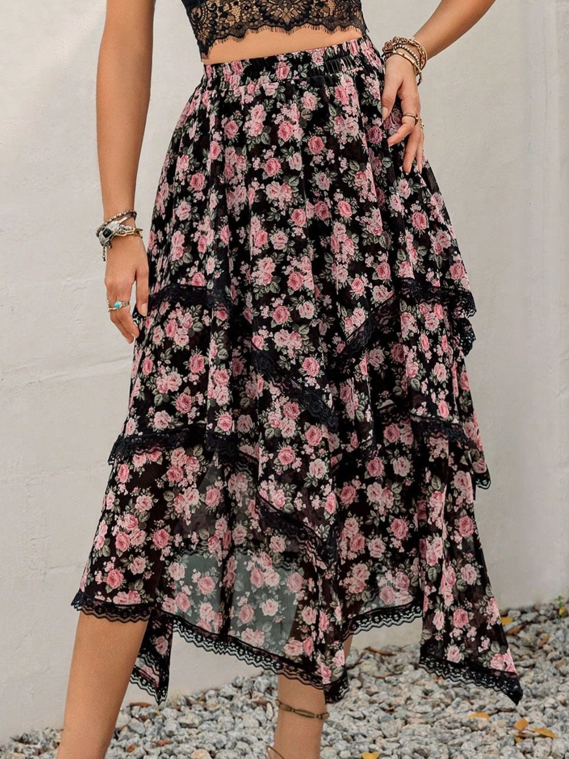 Lace Detail Layered Printed Skirt - Trendsi