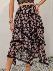 Lace Detail Layered Printed Skirt - Trendsi