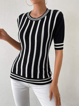 Striped Round Neck Half Sleeve Knit Top - Trendsi - Flyclothing LLC