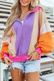 Drawstring Color Block Zip Up Long Sleeve Hoodie - Trendsi