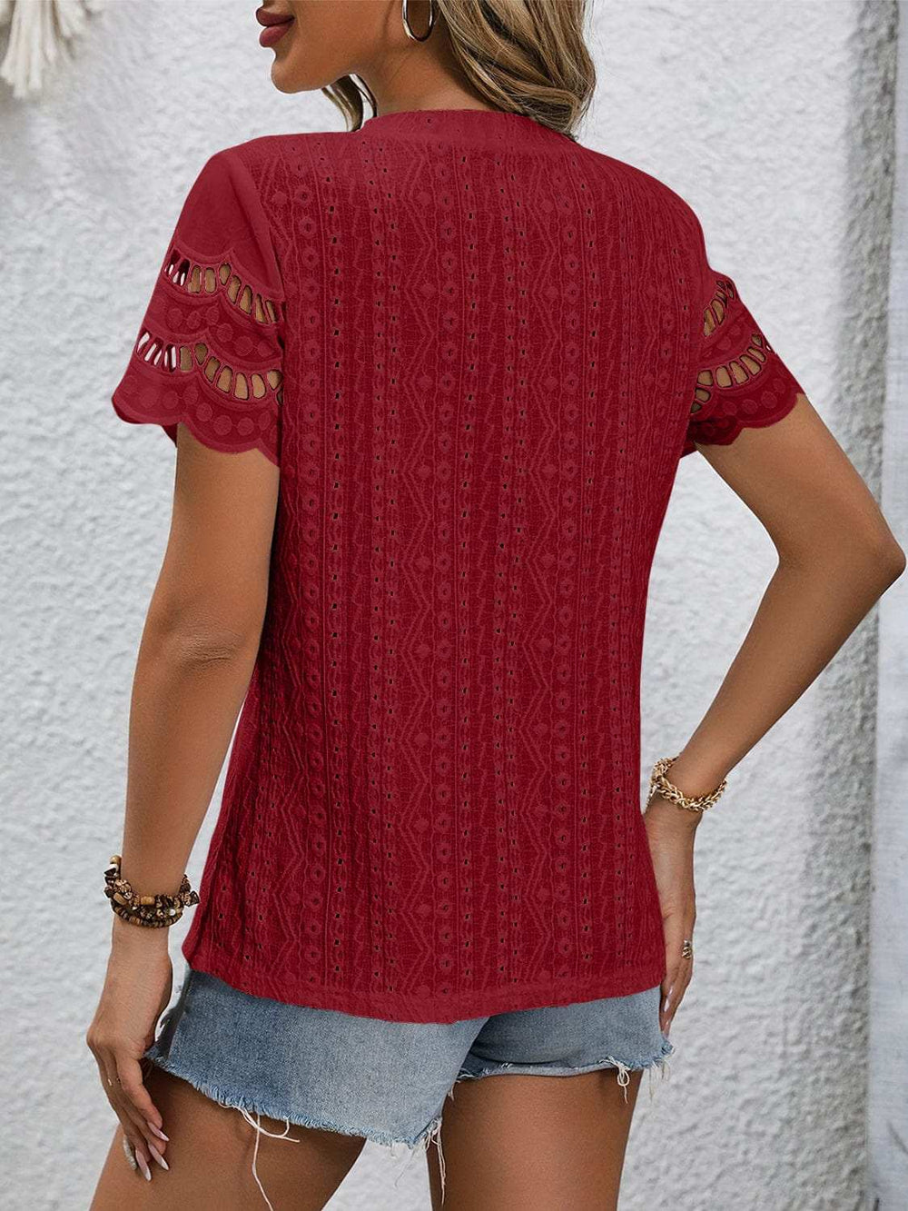 Full Size Eyelet Round Neck Short Sleeve Top - Trendsi - Flyclothing LLC